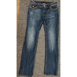 Virgin Only Womens Embroidered Gold Embellished Lowrise Bootcut Jeans‎ Y2K  Sz 9